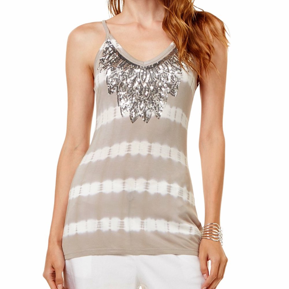 INC V-Neck Top Silver Sequin Gray Tie Dye Tank Stretch Large NEW - Picture 5 of 6